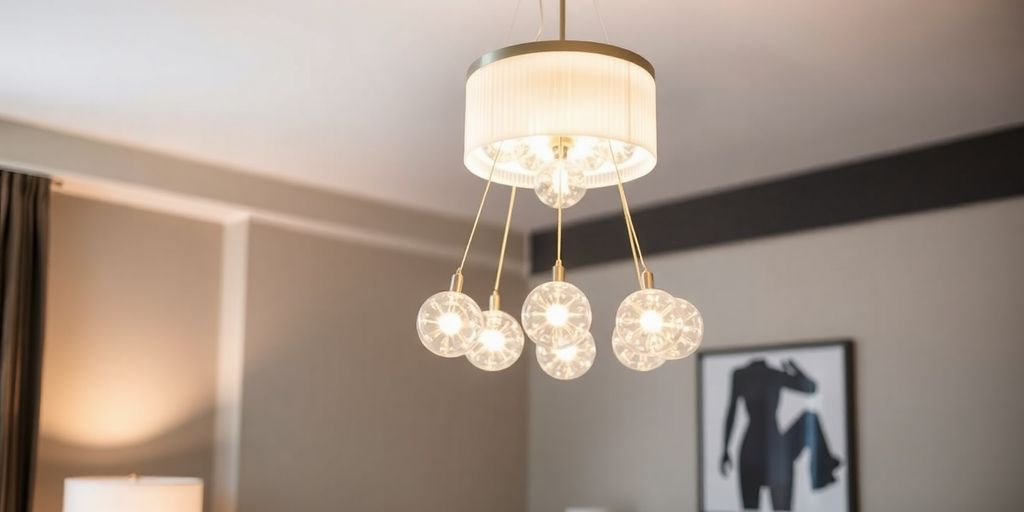 Modern chandelier illuminating a chic bedroom interior.