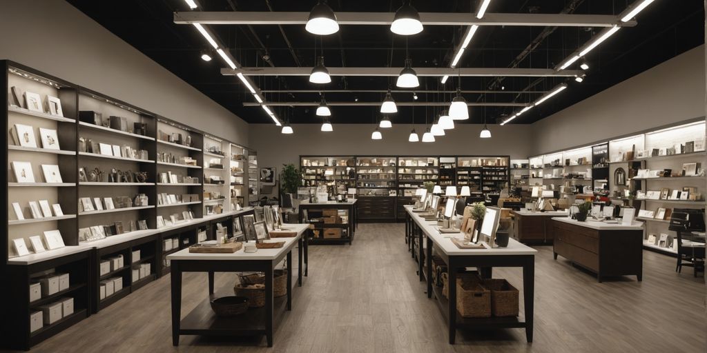 Interior of a lighting superstore with various light fixtures.