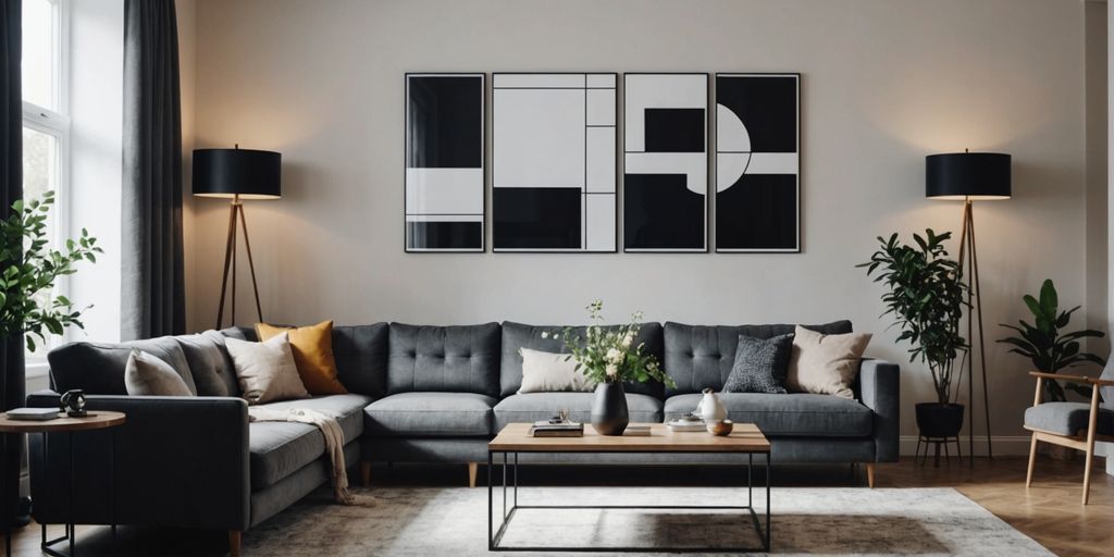 Modern living room with chic wall decorations and art.