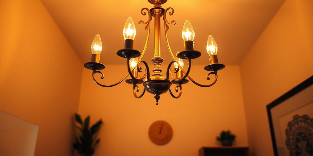 Chandelier in a small, cozy bedroom setting.