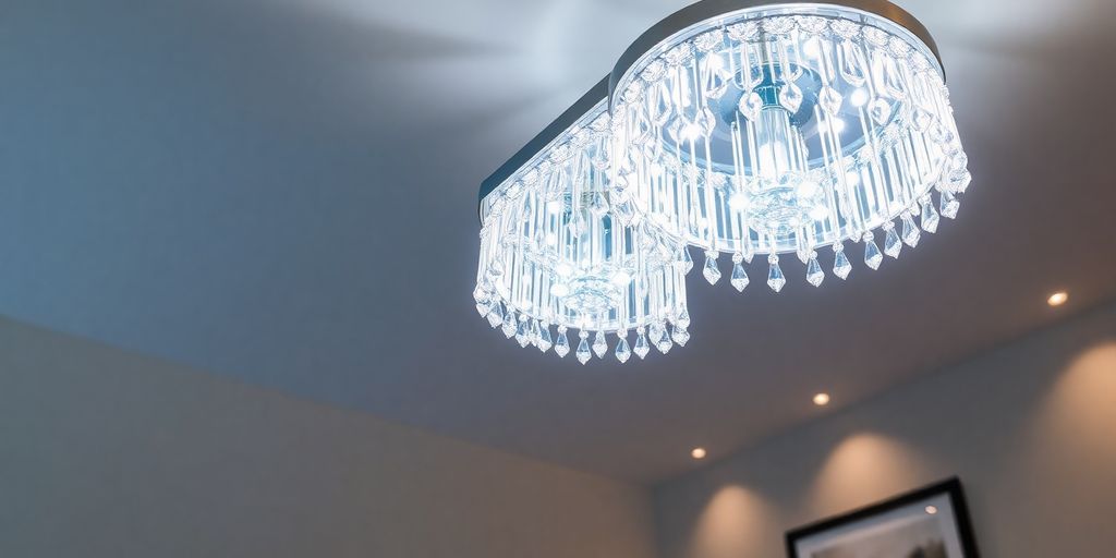 Modern crystal LED ceiling light illuminating a stylish room.