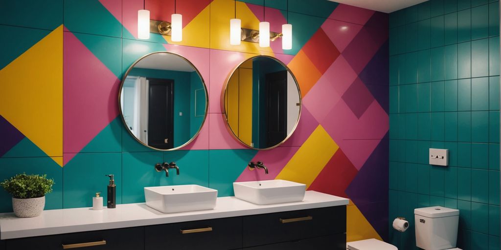 Bathroom with geometric accent wall and modern fixtures.