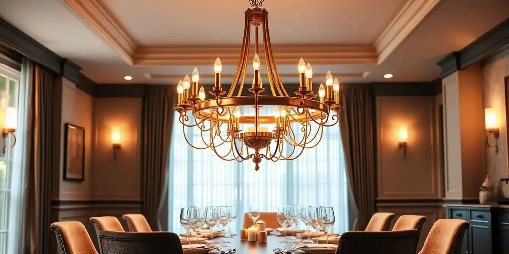 Brass chandelier above a stylish dining table setting.