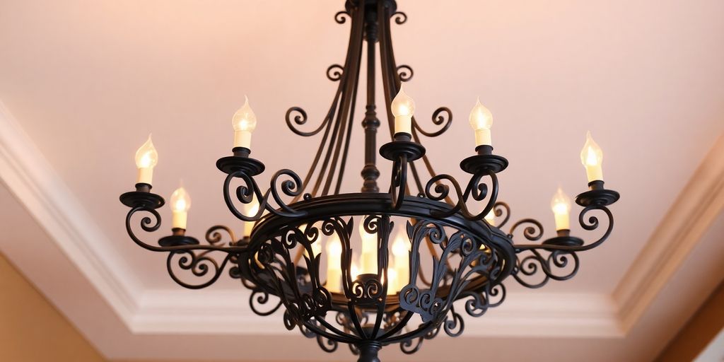 Elegant rot iron chandelier hanging in a beautifully lit room.