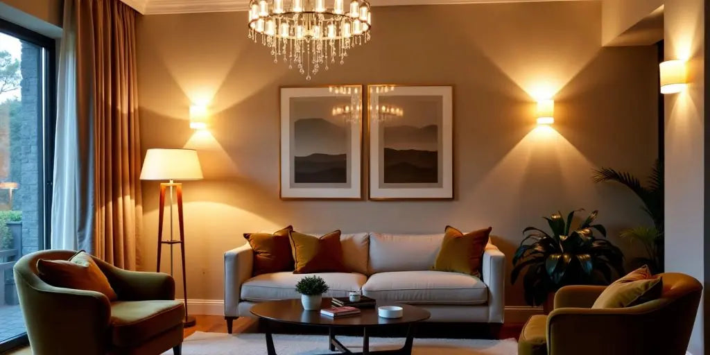 Modern light fixtures in a cozy living room