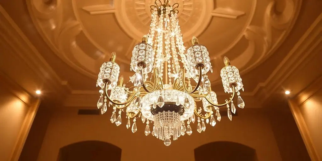 Elegant crystal chandelier illuminating a stylish interior space.