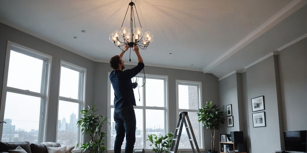 Person on ladder installing chandelier in modern living room.