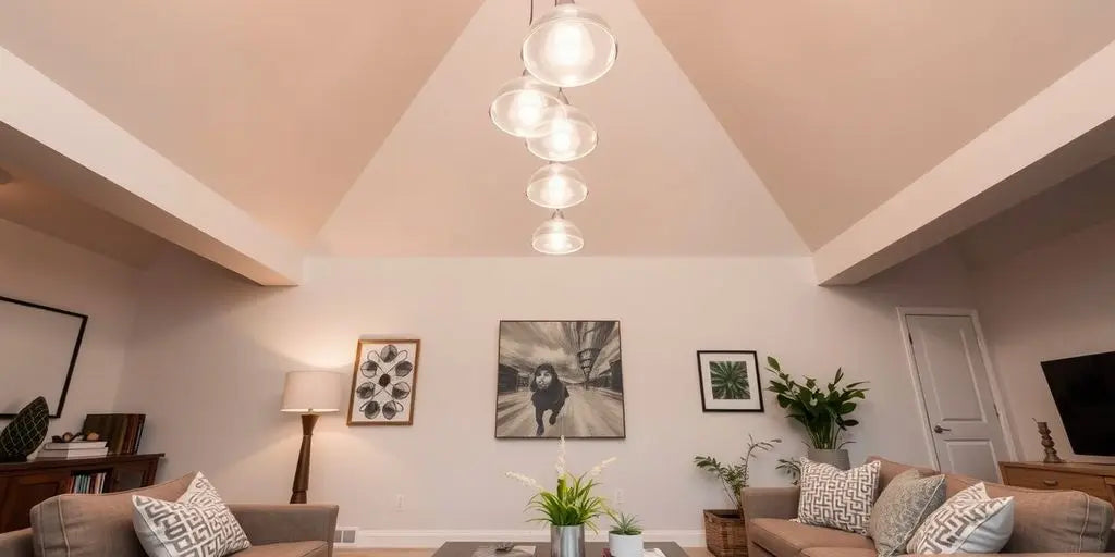 Modern pendant lights in a cozy living room.