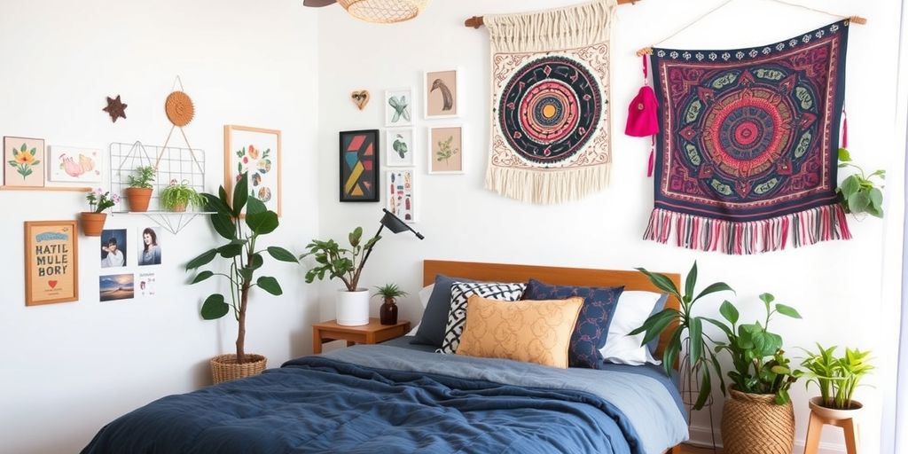 Cozy bedroom with unique DIY wall decor ideas.