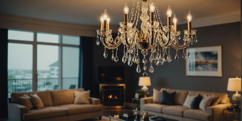 Modern chandelier lighting up a stylish living room