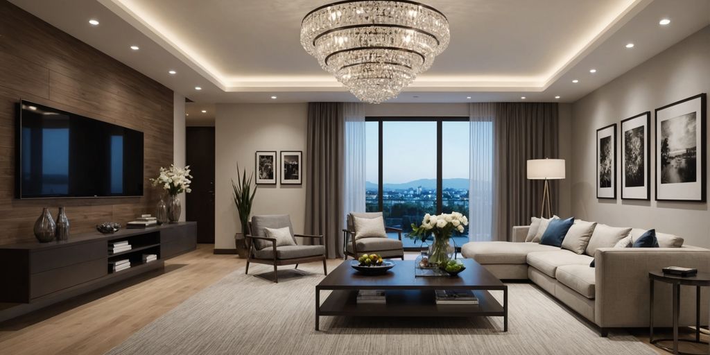 Modern living room with various ceiling lights