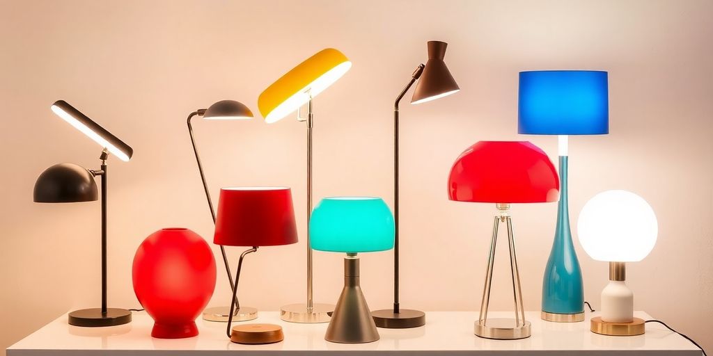 Modern table lamps in diverse styles and colors.