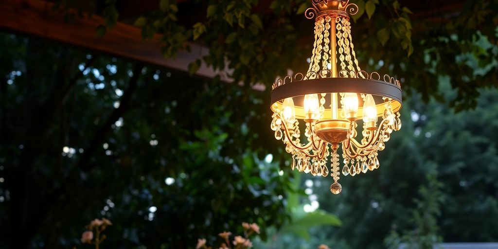 Outdoor chandelier illuminating a garden at night.