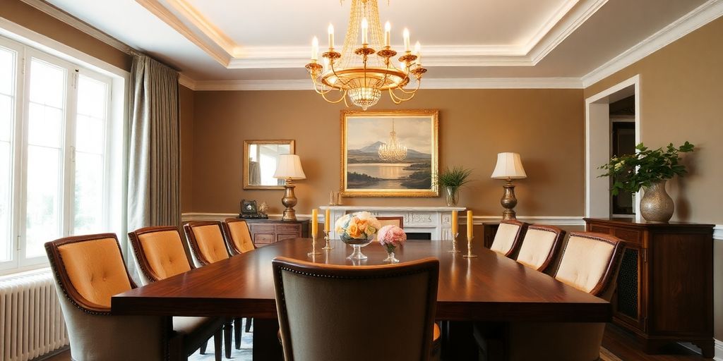 Elegant brass chandelier in a stylish dining room.