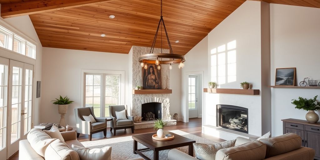 Rustic chandelier in cozy farmhouse living room