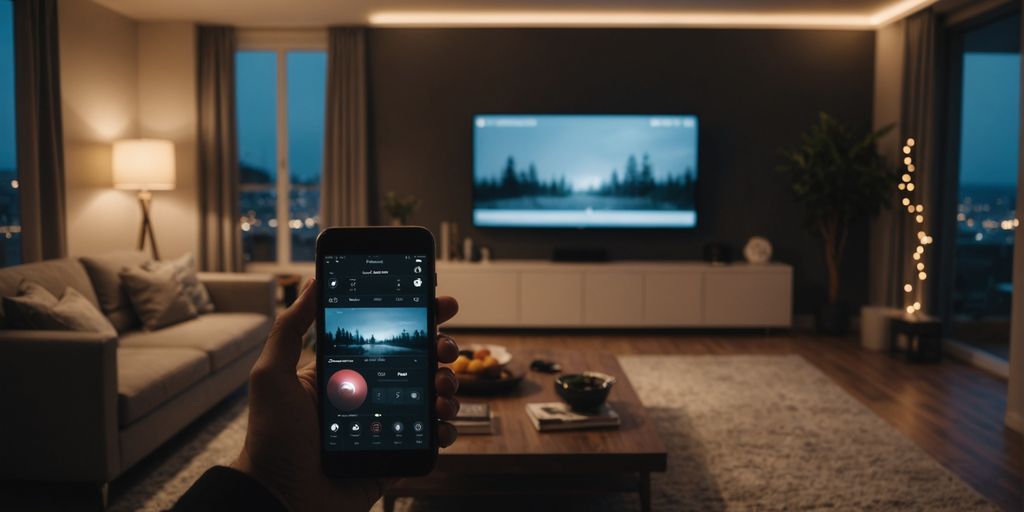 Modern living room with smart lighting system and dimmed lights