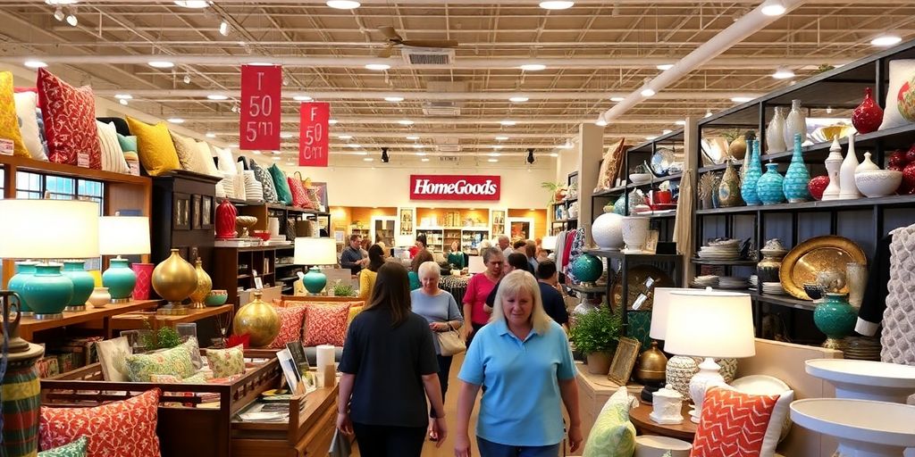 Interior of a busy HomeGoods store with home decor.