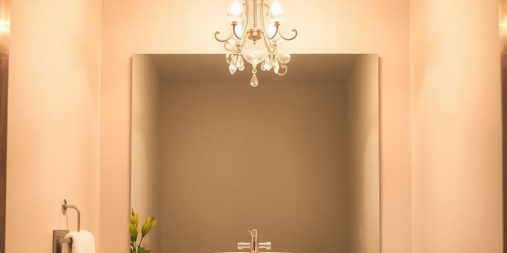 Small chandelier illuminating a stylish bathroom sink.