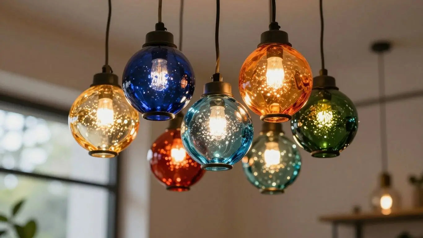 Colorful glass pendant lights illuminating a modern room.