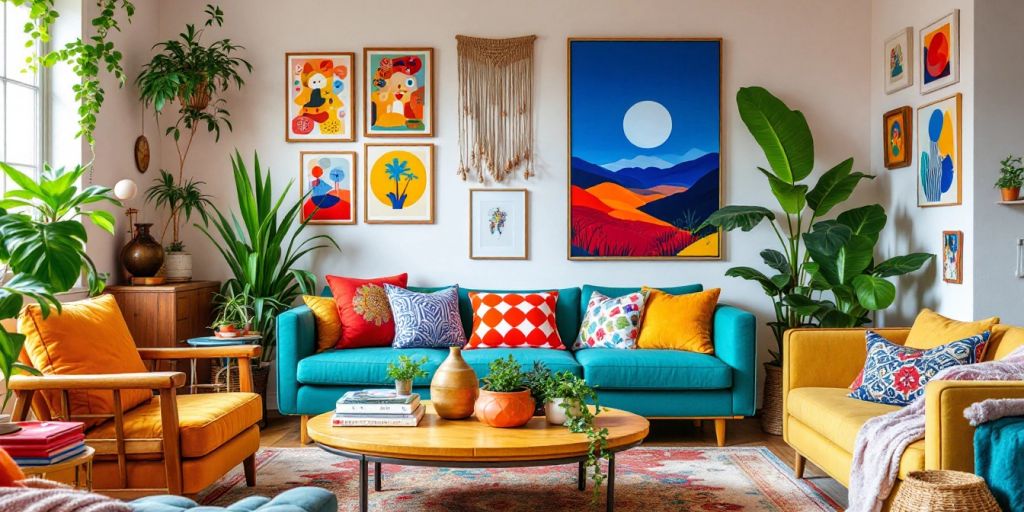 Eclectic living room with colorful decor and unique furnishings.