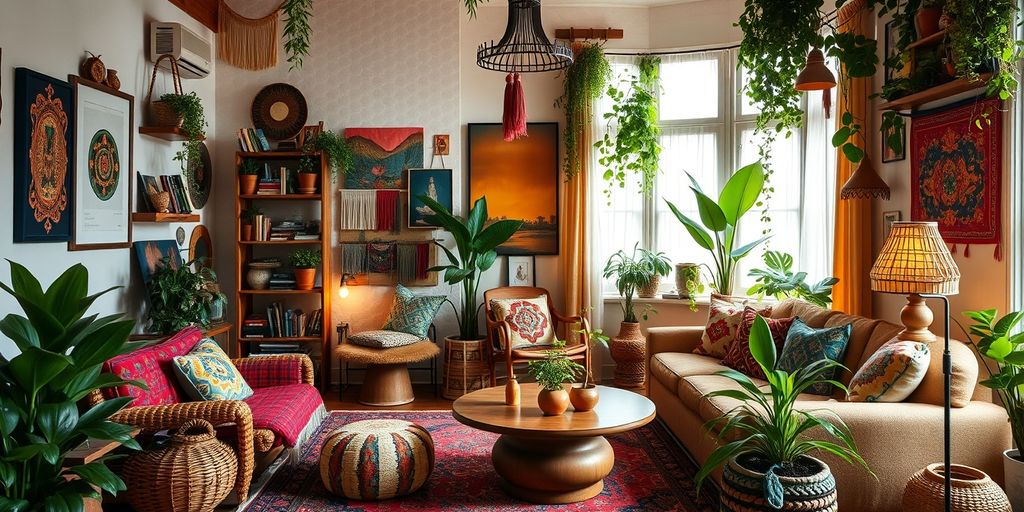 Colorful boho chic living room with eclectic decor and plants.