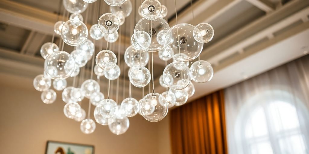 Modern bubble chandelier illuminating a stylish interior space.