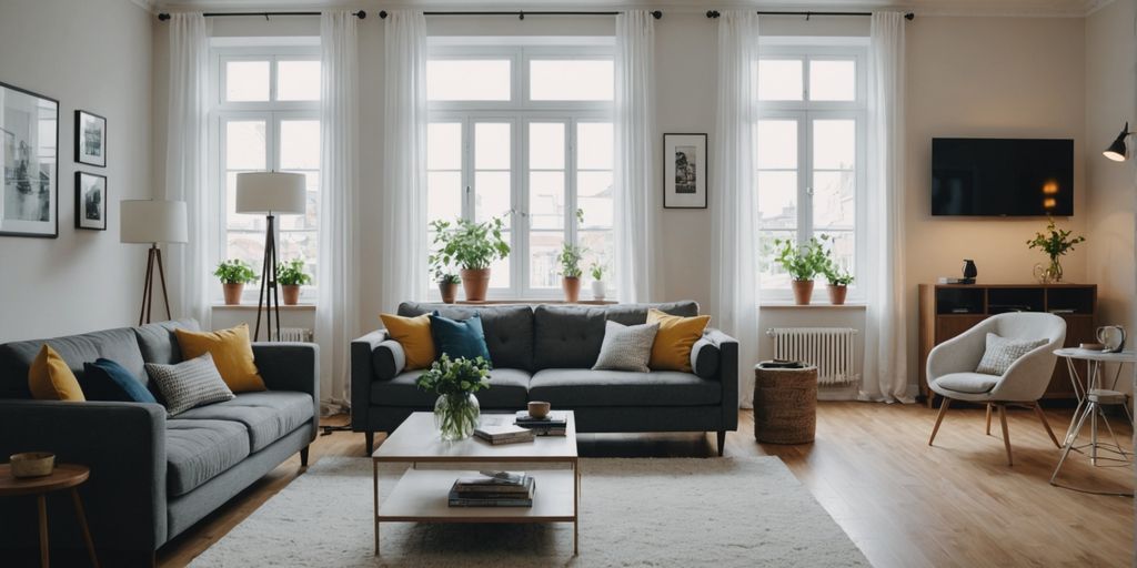 Bright and spacious living room with smart furniture layout.