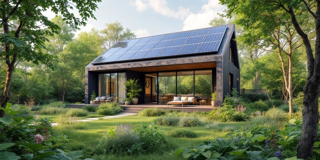 Eco-friendly home with solar panels and greenery.