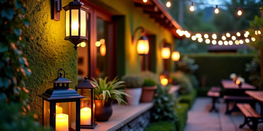 Stylish outdoor lighting with lanterns and string lights.