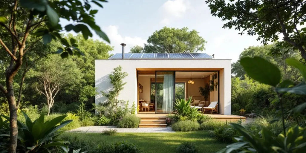 Modern eco-friendly home with solar panels and greenery.