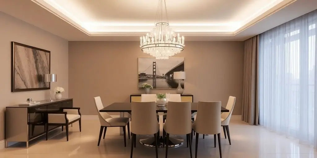 Modern chandelier in a stylish dining room setting.