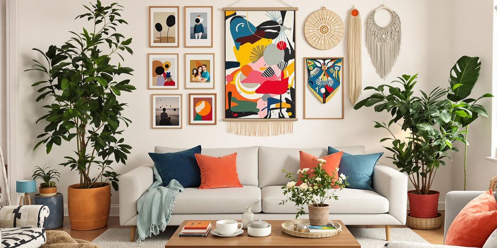 Vibrant living room with creative wall decor ideas.