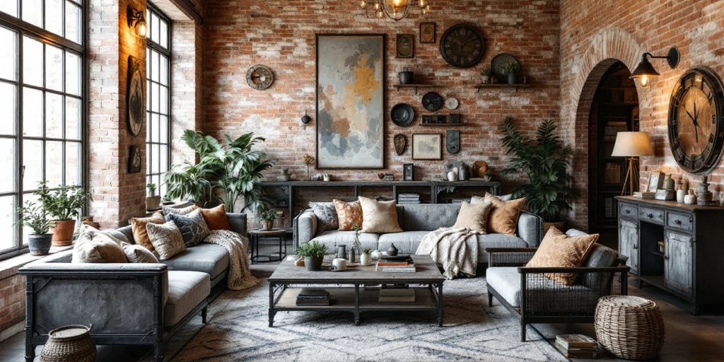 Industrial living room with brick walls and metal furniture.