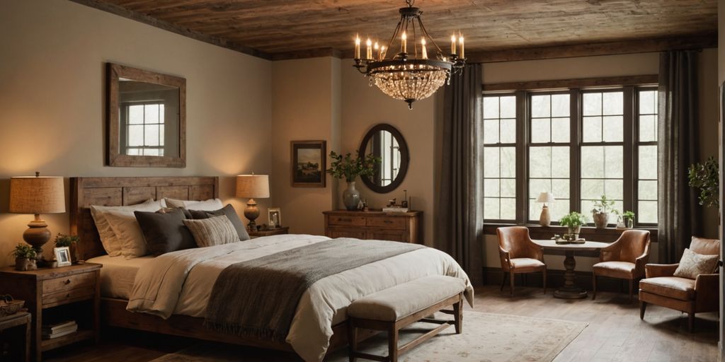 Cozy bedroom with rustic chandelier