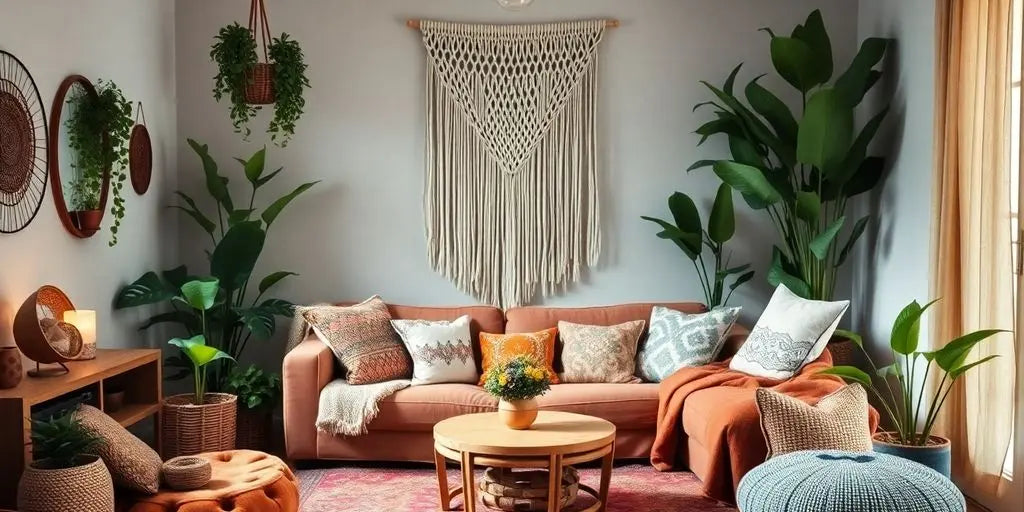 Cozy bohemian living room with vibrant textiles and plants.