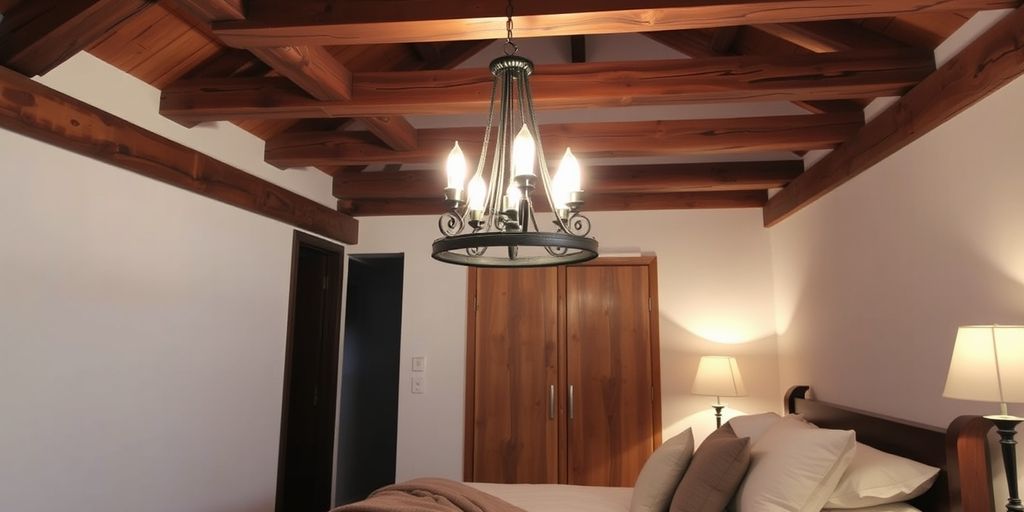 Rustic chandelier in cozy bedroom