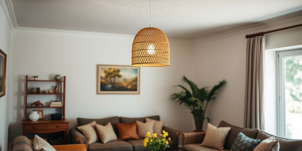 Rattan pendant light in cozy living room