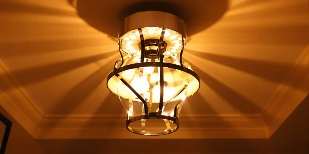 Modern ceiling lamp illuminating a cozy room interior.