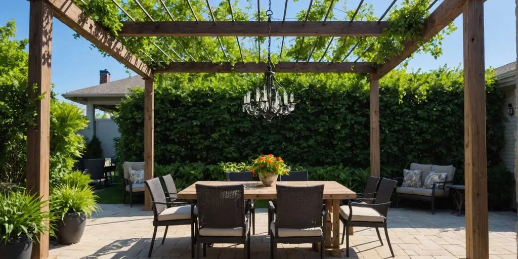 Outdoor chandelier under pergola with greenery