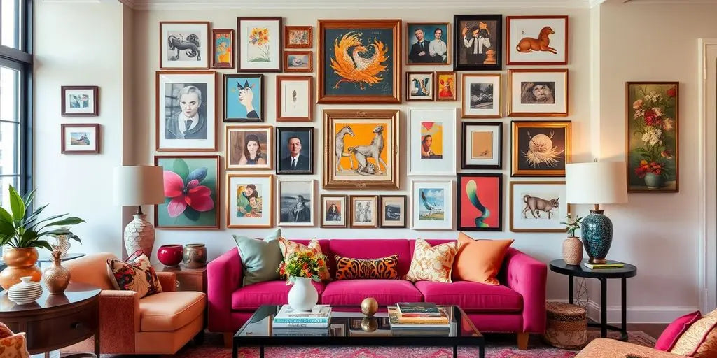Colorful gallery wall in a stylish living room.