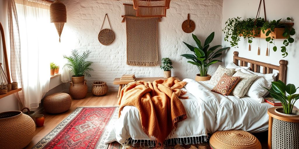 Cozy boho bedroom with warm textiles and natural elements.