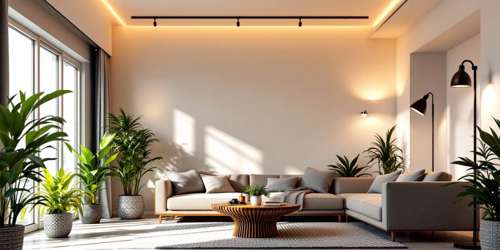 Modern living room with stylish lighting and cozy decor.