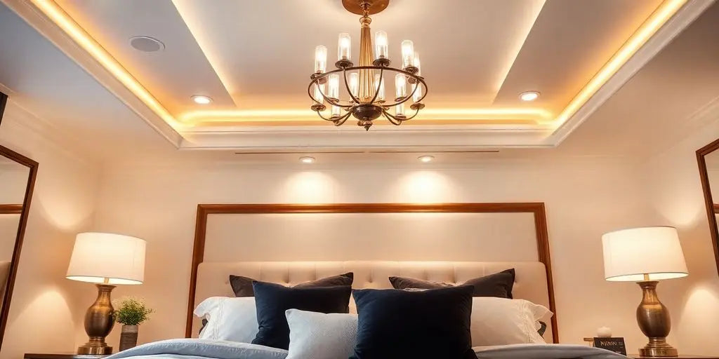 Luxury bedroom with elegant ceiling lights illuminating the space.