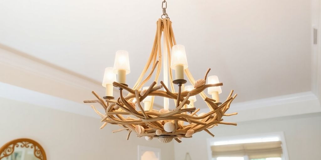 Coastal chandelier in a beach-inspired home interior.