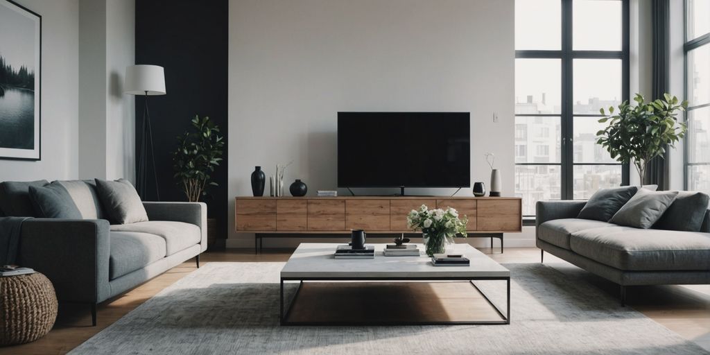 Modern living room with minimalist furniture and decor.