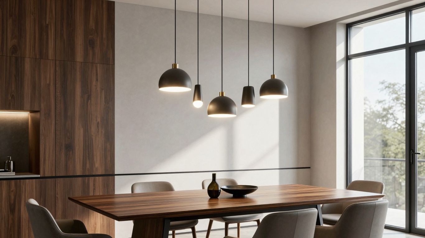 Elegant pendant lights above a modern dining table.