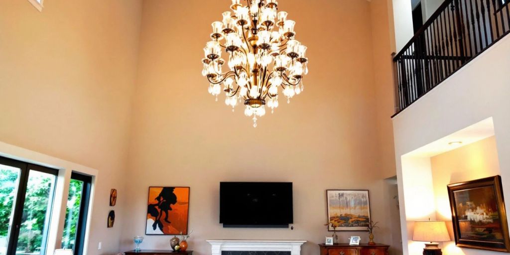 Elegant chandelier in a high ceiling living room.