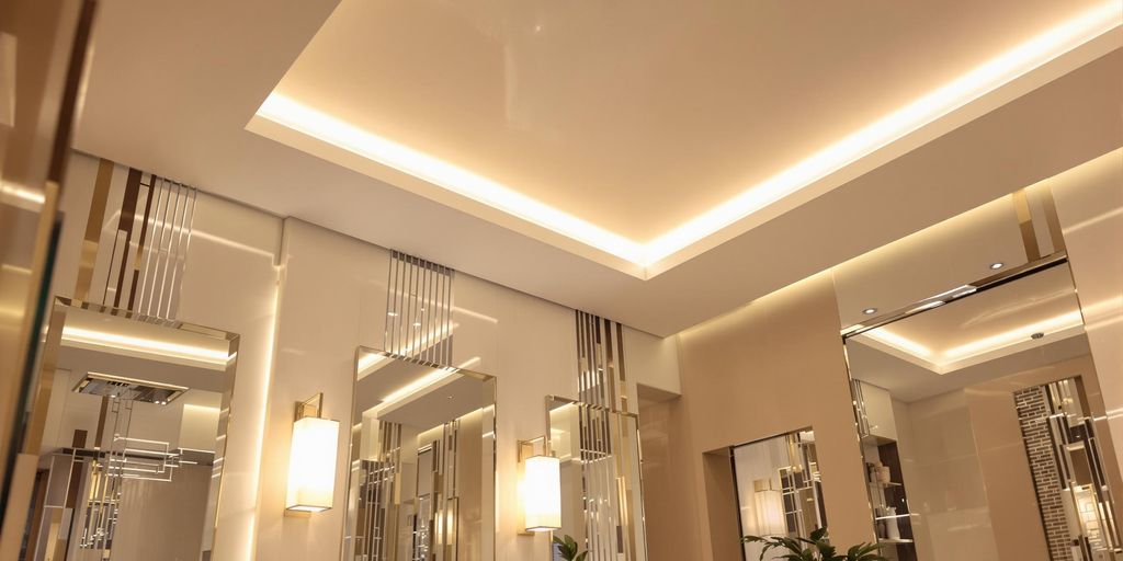 Modern bathroom with innovative ceiling lighting design.