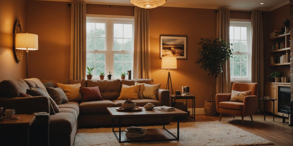 Warm-toned living room with soft lighting and cozy decor.