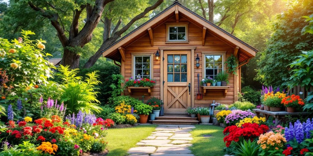 Garden house shed in a vibrant outdoor setting.